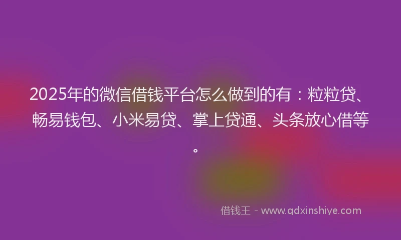 2025年的微信借钱平台怎么做到的有：粒粒贷、畅易钱包、小米易贷、掌上贷通、头条放心借等。