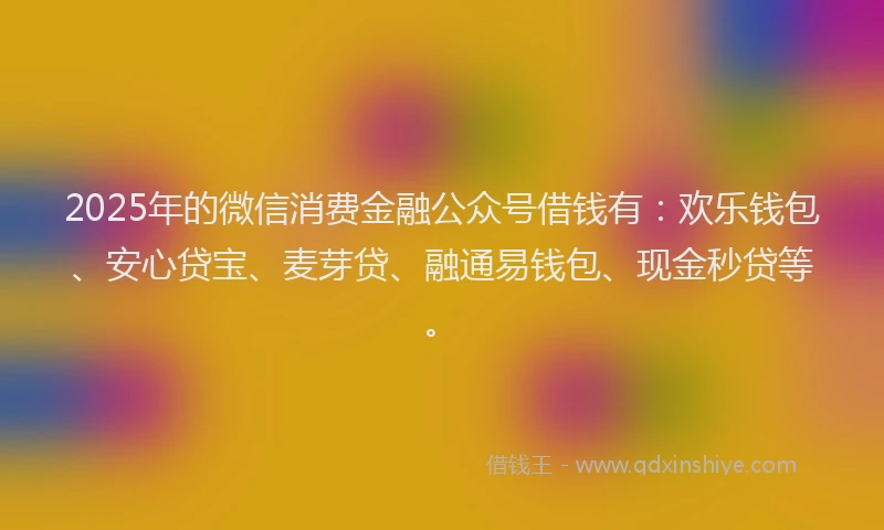 2025年的微信消费金融公众号借钱有：欢乐钱包、安心贷宝、麦芽贷、融通易钱包、现金秒贷等。