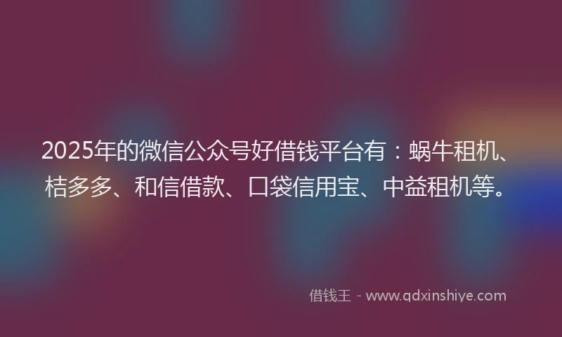 2025年的微信公众号好借钱平台有：蜗牛租机、桔多多、和信借款、口袋信用宝、中益租机等。