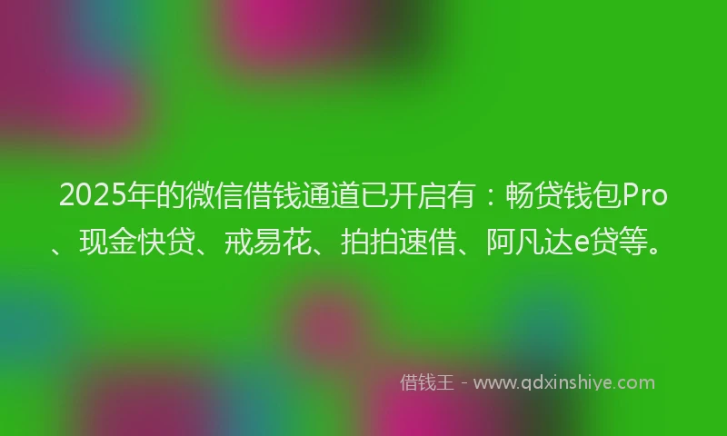 2025年的微信借钱通道已开启有：畅贷钱包Pro、现金快贷、戒易花、拍拍速借、阿凡达e贷等。