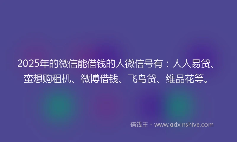 2025年的微信能借钱的人微信号有：人人易贷、蛮想购租机、微博借钱、飞鸟贷、维品花等。
