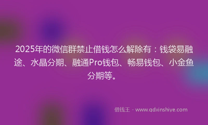 2025年的微信群禁止借钱怎么解除有：钱袋易融途、水晶分期、融通Pro钱包、畅易钱包、小金鱼分期等。