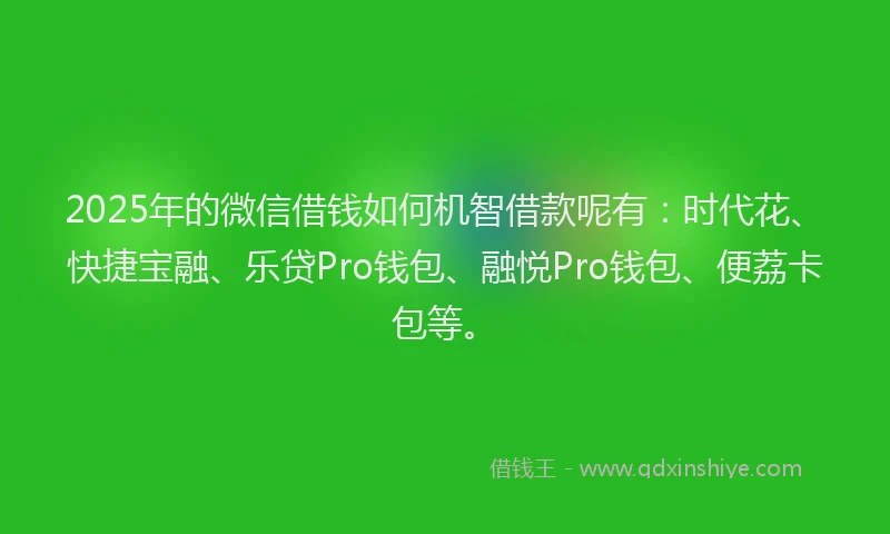 2025年的微信借钱如何机智借款呢有：时代花、快捷宝融、乐贷Pro钱包、融悦Pro钱包、便荔卡包等。