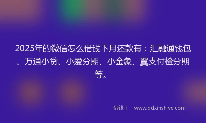 2025年的微信怎么借钱下月还款有：汇融通钱包、万通小贷、小爱分期、小金象、翼支付橙分期等。