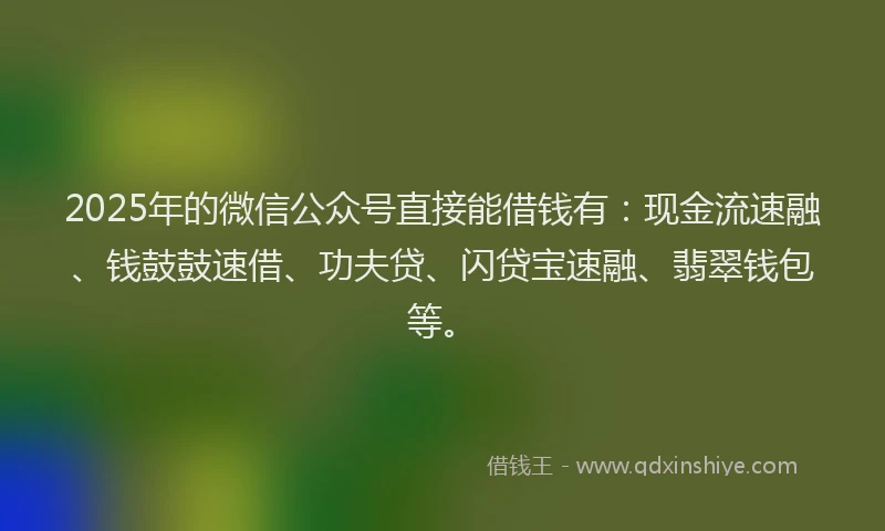 2025年的微信公众号直接能借钱有：现金流速融、钱鼓鼓速借、功夫贷、闪贷宝速融、翡翠钱包等。