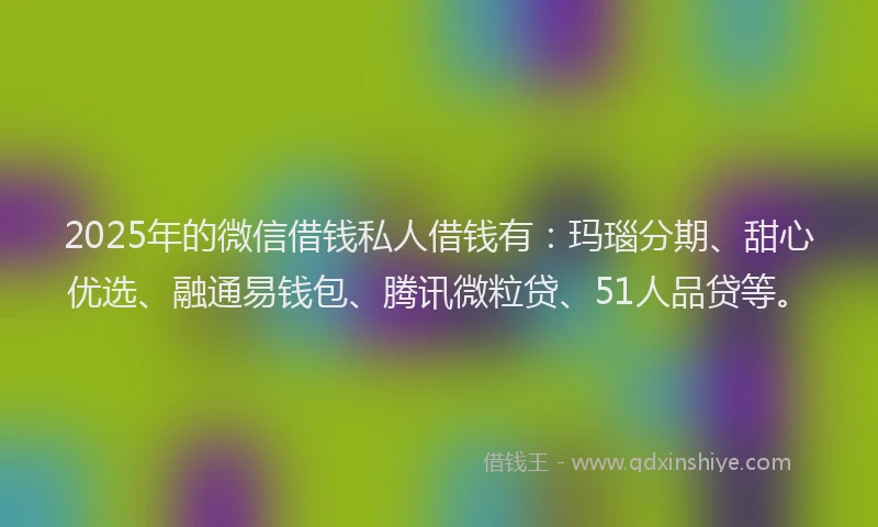 2025年的微信借钱私人借钱有：玛瑙分期、甜心优选、融通易钱包、腾讯微粒贷、51人品贷等。