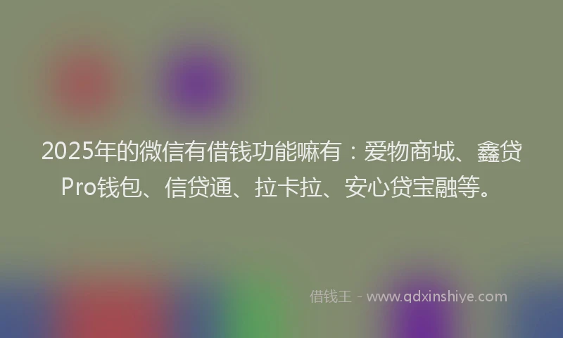 2025年的微信有借钱功能嘛有：爱物商城、鑫贷Pro钱包、信贷通、拉卡拉、安心贷宝融等。