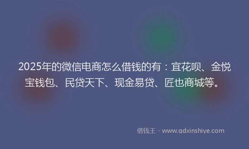 2025年的微信电商怎么借钱的有：宜花呗、金悦宝钱包、民贷天下、现金易贷、匠也商城等。