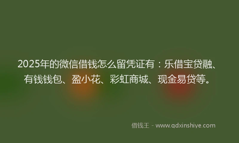 2025年的微信借钱怎么留凭证有：乐借宝贷融、有钱钱包、盈小花、彩虹商城、现金易贷等。