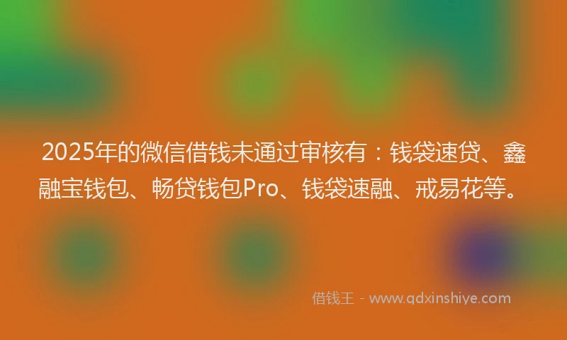 2025年的微信借钱未通过审核有：钱袋速贷、鑫融宝钱包、畅贷钱包Pro、钱袋速融、戒易花等。
