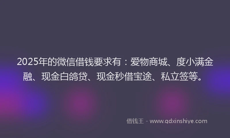 2025年的微信借钱要求有：爱物商城、度小满金融、现金白鸽贷、现金秒借宝途、私立签等。