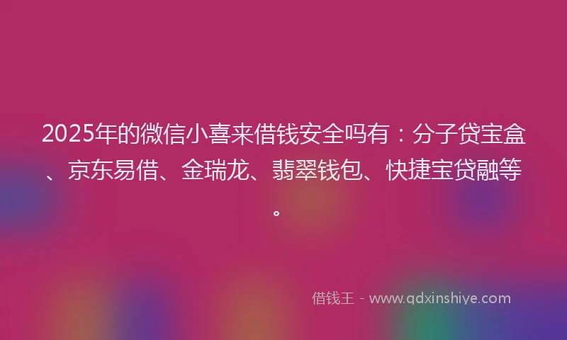 2025年的微信小喜来借钱安全吗有：分子贷宝盒、京东易借、金瑞龙、翡翠钱包、快捷宝贷融等。