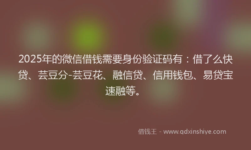 2025年的微信借钱需要身份验证码有：借了么快贷、芸豆分-芸豆花、融信贷、信用钱包、易贷宝速融等。