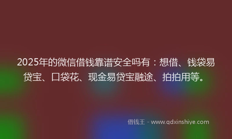 2025年的微信借钱靠谱安全吗有：想借、钱袋易贷宝、口袋花、现金易贷宝融途、拍拍用等。