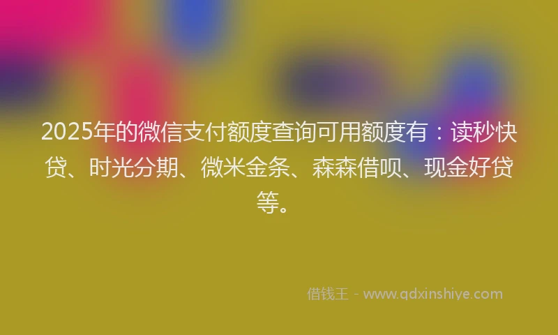 2025年的微信支付额度查询可用额度有：读秒快贷、时光分期、微米金条、森森借呗、现金好贷等。