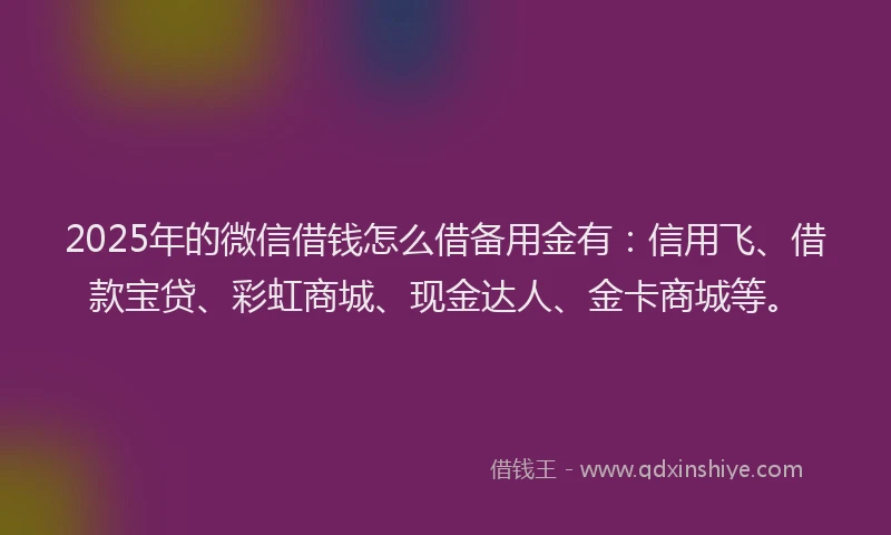 2025年的微信借钱怎么借备用金有：信用飞、借款宝贷、彩虹商城、现金达人、金卡商城等。