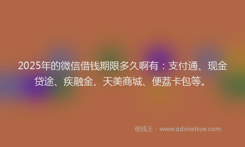 2025年的微信借钱期限多久啊有：支付通、现金贷途、疾融金、天美商城、便荔卡包等。
