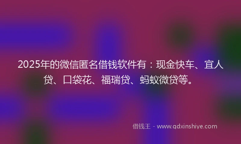 2025年的微信匿名借钱软件有：现金快车、宜人贷、口袋花、福瑞贷、蚂蚁微贷等。