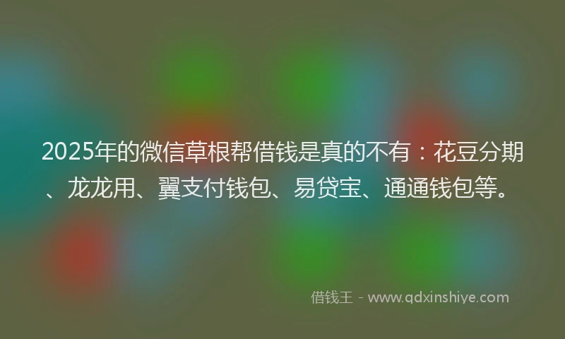 2025年的微信草根帮借钱是真的不有：花豆分期、龙龙用、翼支付钱包、易贷宝、通通钱包等。