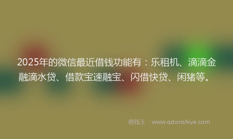 2025年的微信最近借钱功能有：乐租机、滴滴金融滴水贷、借款宝速融宝、闪借快贷、闲猪等。