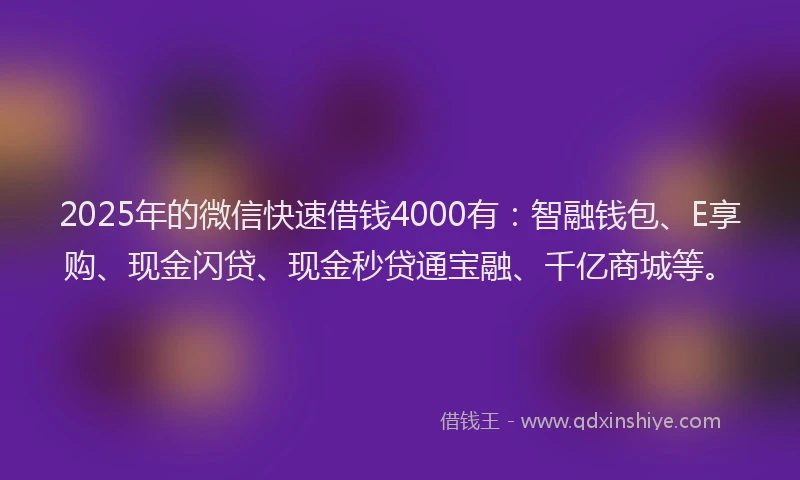 2025年的微信快速借钱4000有：智融钱包、E享购、现金闪贷、现金秒贷通宝融、千亿商城等。