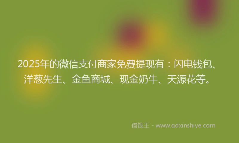 2025年的微信支付商家免费提现有：闪电钱包、洋葱先生、金鱼商城、现金奶牛、天源花等。