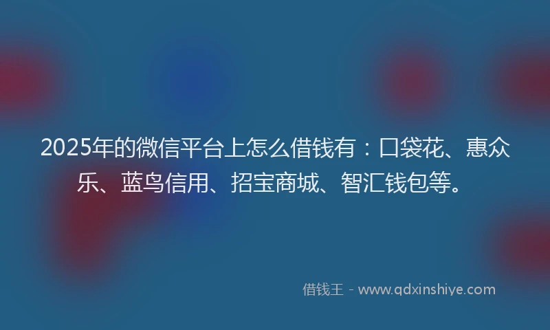 2025年的微信平台上怎么借钱有：口袋花、惠众乐、蓝鸟信用、招宝商城、智汇钱包等。