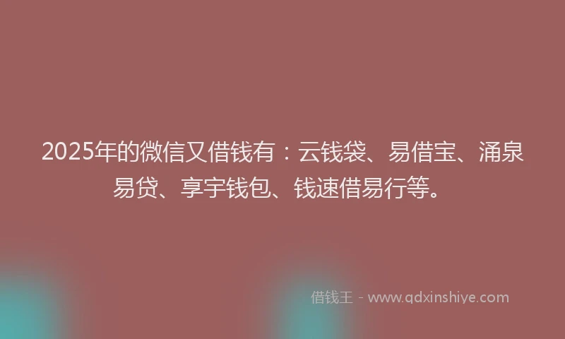 2025年的微信又借钱有：云钱袋、易借宝、涌泉易贷、享宇钱包、钱速借易行等。