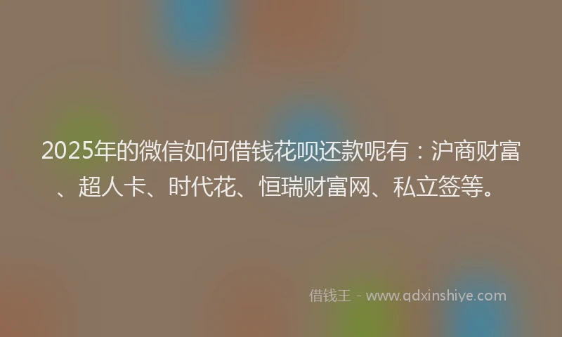 2025年的微信如何借钱花呗还款呢有：沪商财富、超人卡、时代花、恒瑞财富网、私立签等。
