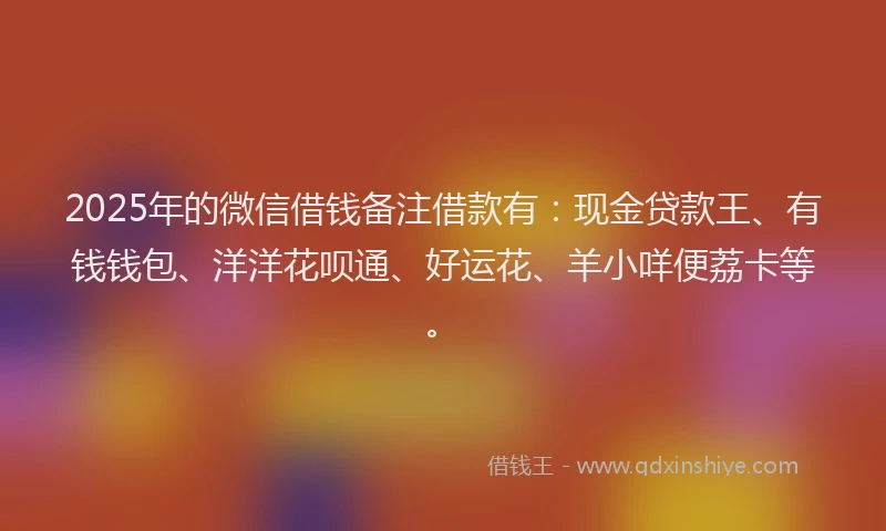 2025年的微信借钱备注借款有：现金贷款王、有钱钱包、洋洋花呗通、好运花、羊小咩便荔卡等。