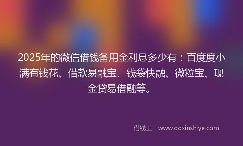 2025年的微信借钱备用金利息多少有：百度度小满有钱花、借款易融宝、钱袋快融、微粒宝、现金贷易借融等。