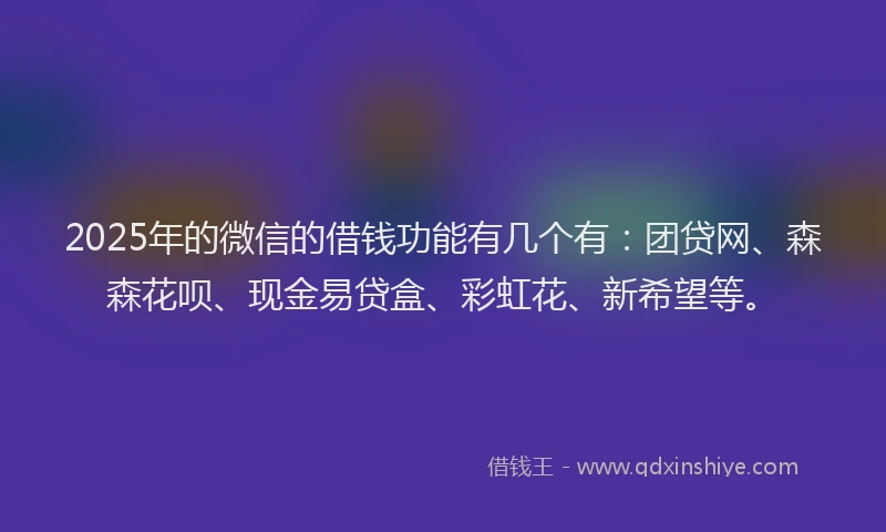 2025年的微信的借钱功能有几个有：团贷网、森森花呗、现金易贷盒、彩虹花、新希望等。