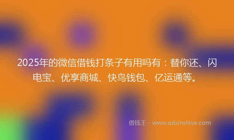 2025年的微信借钱打条子有用吗有：替你还、闪电宝、优享商城、快鸟钱包、亿运通等。