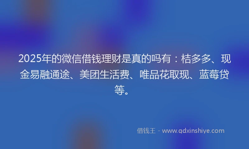 2025年的微信借钱理财是真的吗有：桔多多、现金易融通途、美团生活费、唯品花取现、蓝莓贷等。