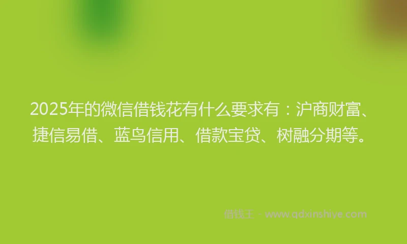 2025年的微信借钱花有什么要求有：沪商财富、捷信易借、蓝鸟信用、借款宝贷、树融分期等。