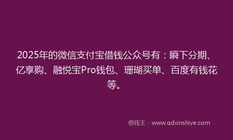 2025年的微信支付宝借钱公众号有：瞬下分期、亿享购、融悦宝Pro钱包、珊瑚买单、百度有钱花等。