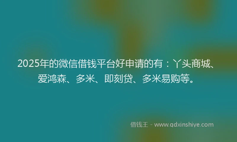 2025年的微信借钱平台好申请的有：丫头商城、爱鸿森、多米、即刻贷、多米易购等。