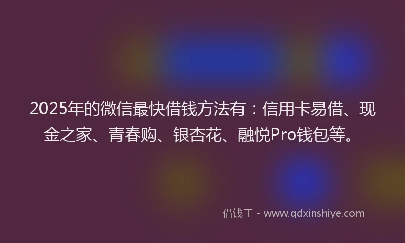 2025年的微信最快借钱方法有：信用卡易借、现金之家、青春购、银杏花、融悦Pro钱包等。
