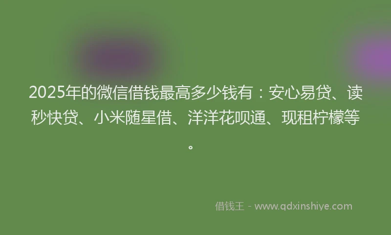 2025年的微信借钱最高多少钱有：安心易贷、读秒快贷、小米随星借、洋洋花呗通、现租柠檬等。