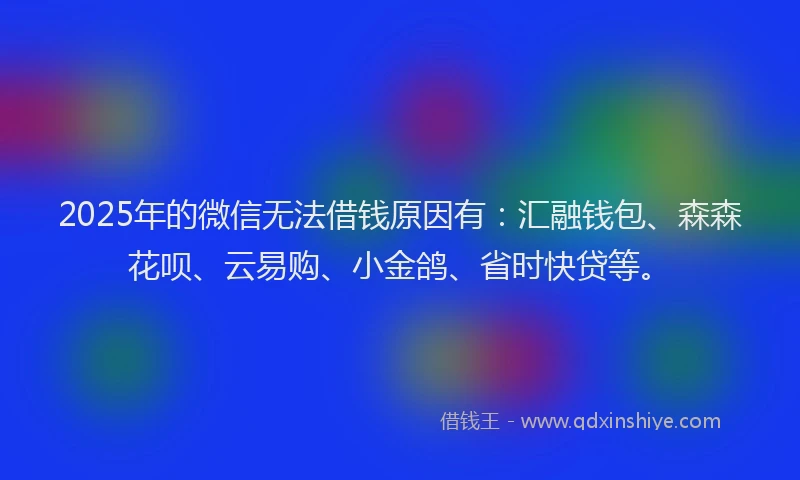 2025年的微信无法借钱原因有：汇融钱包、森森花呗、云易购、小金鸽、省时快贷等。