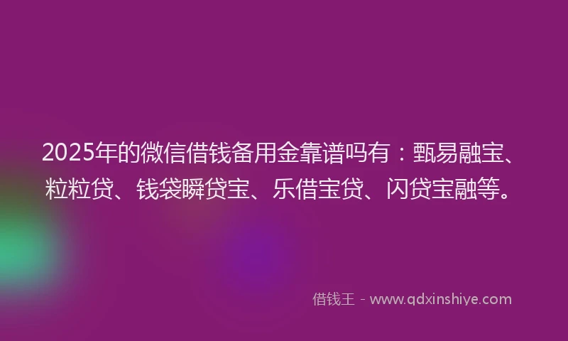 2025年的微信借钱备用金靠谱吗有：甄易融宝、粒粒贷、钱袋瞬贷宝、乐借宝贷、闪贷宝融等。
