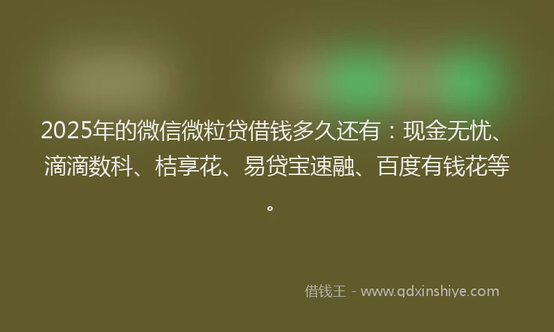 2025年的微信微粒贷借钱多久还有：现金无忧、滴滴数科、桔享花、易贷宝速融、百度有钱花等。