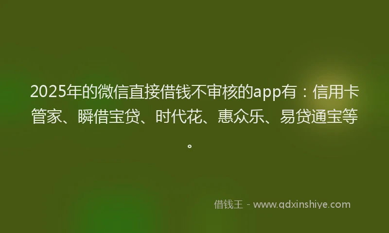 2025年的微信直接借钱不审核的app有：信用卡管家、瞬借宝贷、时代花、惠众乐、易贷通宝等。