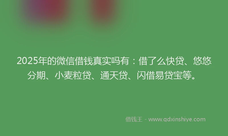 2025年的微信借钱真实吗有：借了么快贷、悠悠分期、小麦粒贷、通天贷、闪借易贷宝等。