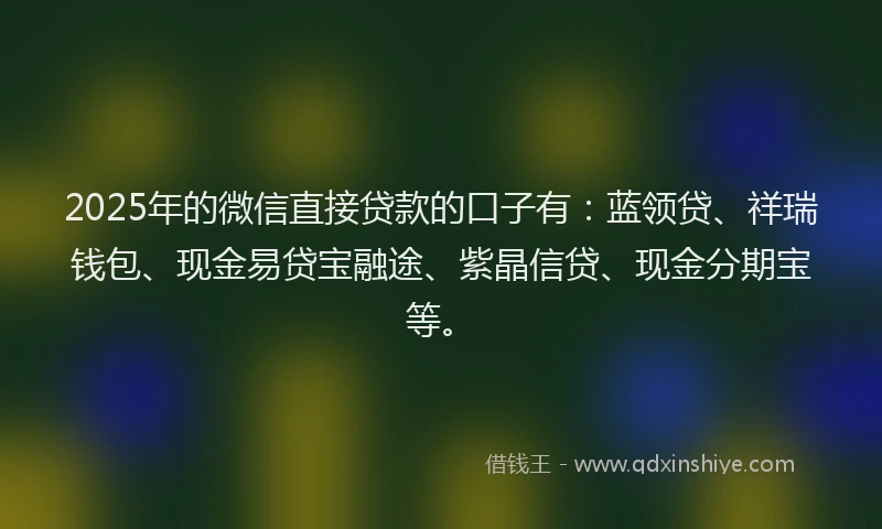 2025年的微信直接贷款的口子有：蓝领贷、祥瑞钱包、现金易贷宝融途、紫晶信贷、现金分期宝等。