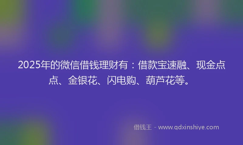 2025年的微信借钱理财有：借款宝速融、现金点点、金银花、闪电购、葫芦花等。