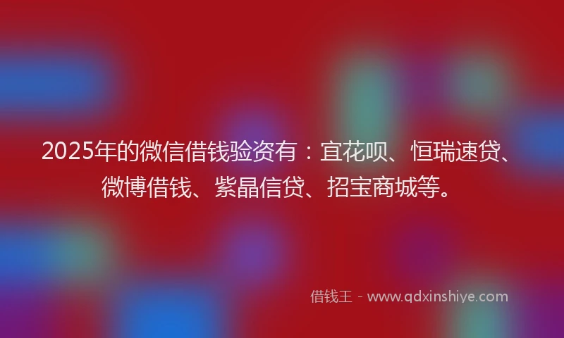 2025年的微信借钱验资有:宜花呗、恒瑞速贷、微博借钱、紫晶信贷、招宝商城等。