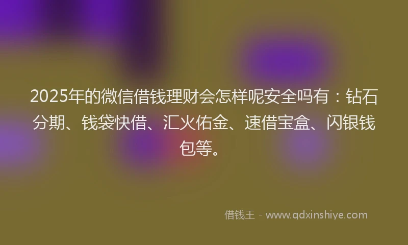 2025年的微信借钱理财会怎样呢安全吗有：钻石分期、钱袋快借、汇火佑金、速借宝盒、闪银钱包等。