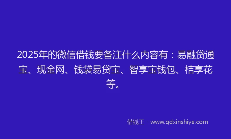 2025年的微信借钱要备注什么内容有：易融贷通宝、现金网、钱袋易贷宝、智享宝钱包、桔享花等。