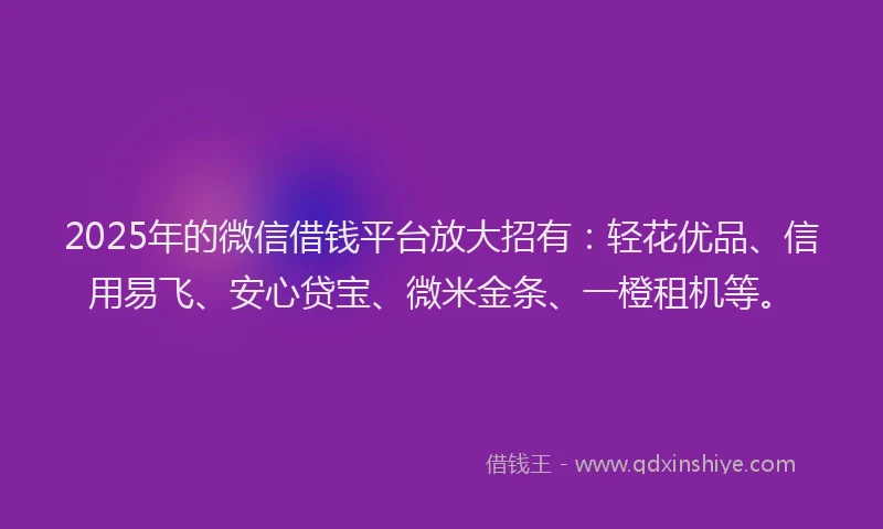 2025年的微信借钱平台放大招有：轻花优品、信用易飞、安心贷宝、微米金条、一橙租机等。